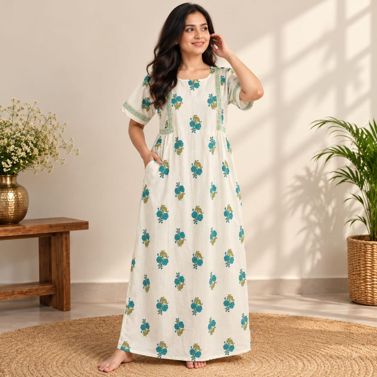 Aqua Green Floral Printed Ivory Jaipur Cotton Feeding Pleated Nighty | Free Size | Chest Width 44″| Length 56″