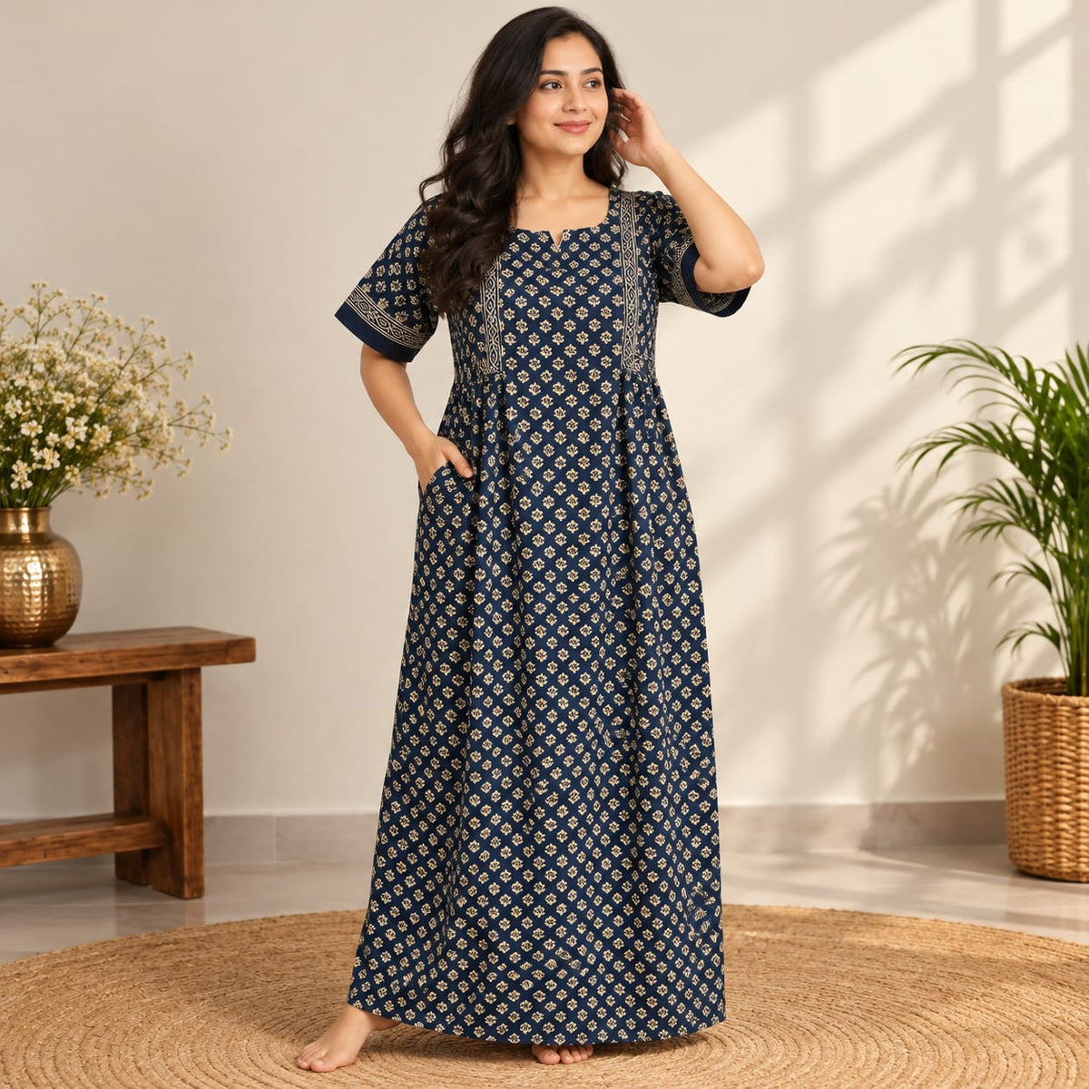 Cream Printed Navy Blue Jaipur Cotton Feeding Pleated Nighty | Free Size | Chest Width 44″| Length 56″
