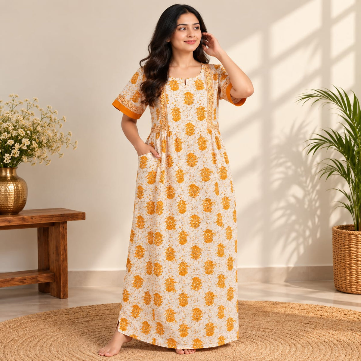 Marigold Orange Floral Printed Jaipur Cotton Feeding Pleated Nighty | Free Size | Chest Width 44″| Length 56″