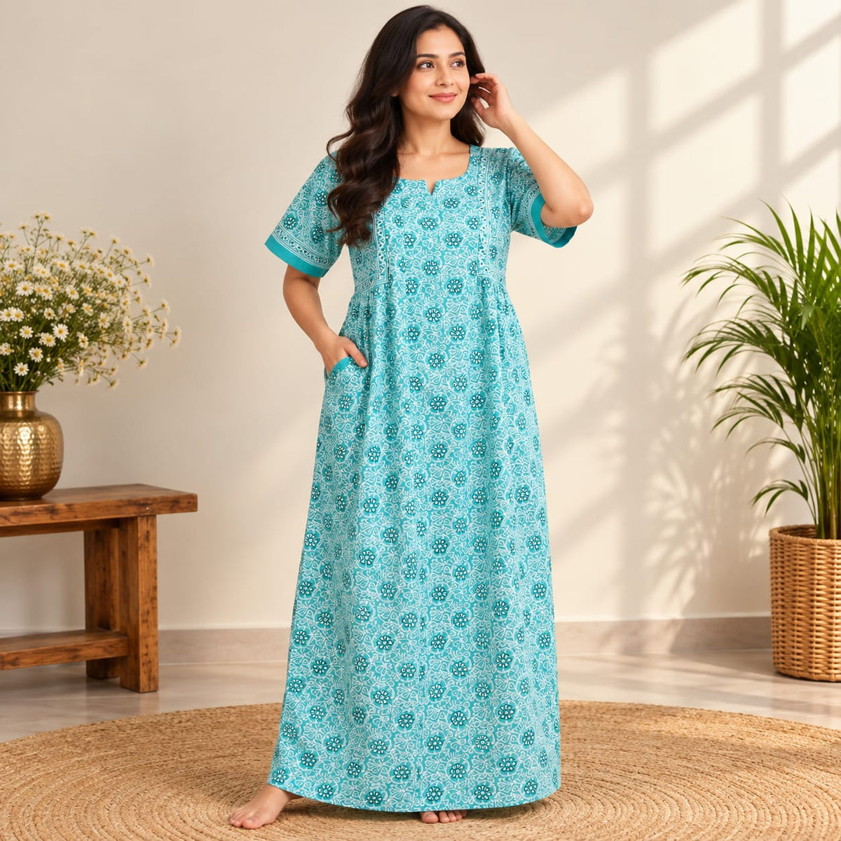 Aqua Blue Floral Printed Jaipur Cotton Feeding Pleated Nighty | Free Size | Chest Width 44″| Length 56″