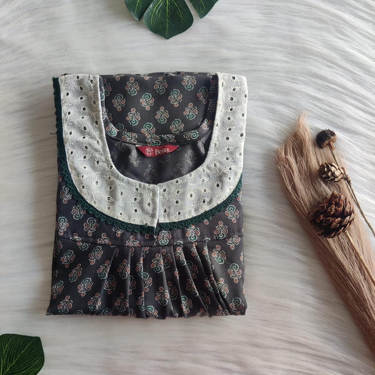 Grey Floral Printed  Alfine Hakoba Lace Nighty | Free Size | Chest Width 44″| Length 54″-56″