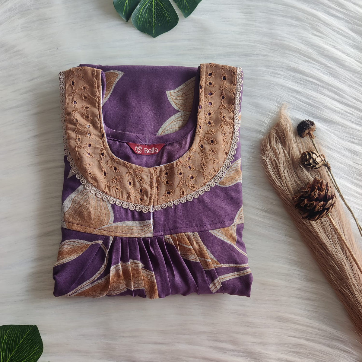 Cream Leaf Printed Purple Alfine Hakoba Lace Nighty | Free Size | Chest Width 44″| Length 54″-56″