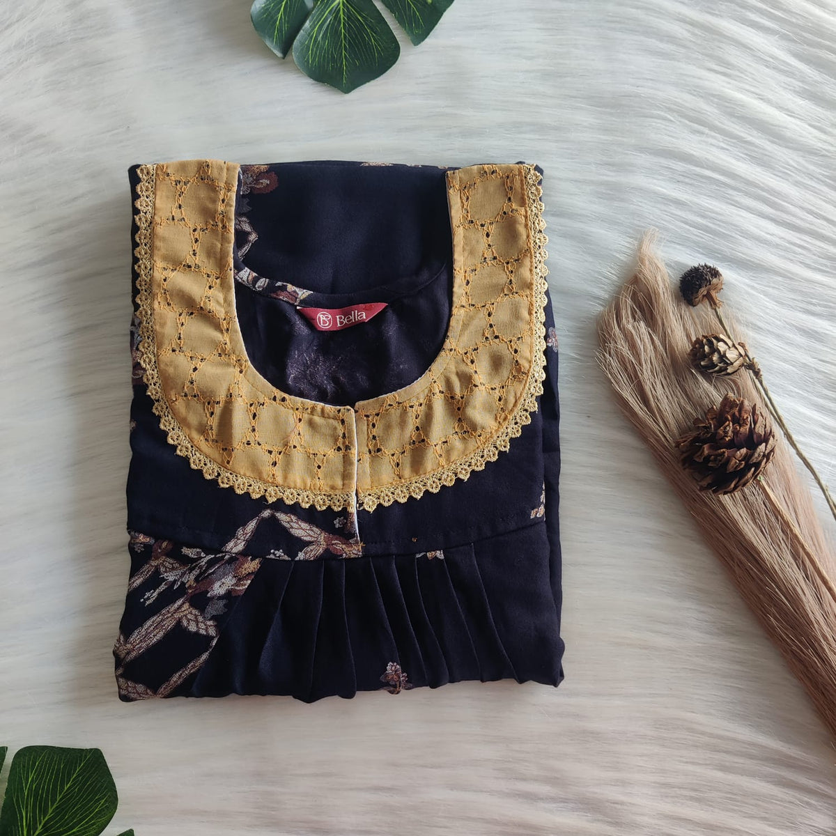 Navy Blue Floral Printed Alpine Hakoba Lace Nighty | Free Size | Chest Width 44″| Length 54″-56″