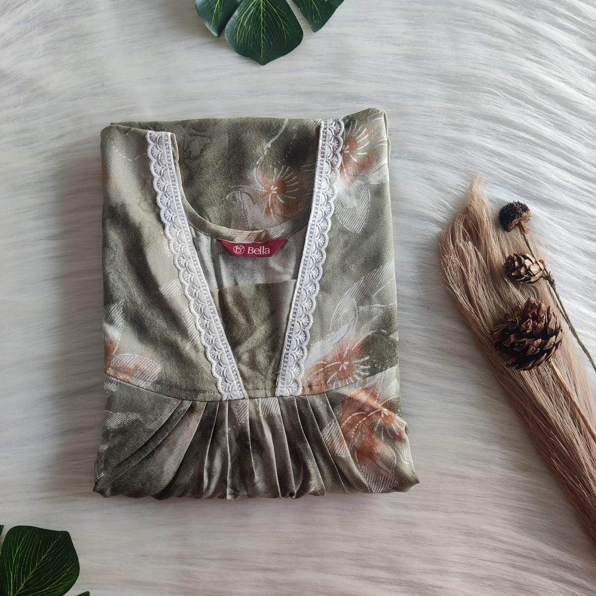 Pastel Green Printed Alfine V-Neck Lace Pleated Nighty | No Zip | Free Size | Chest Width 44″| Length 56″