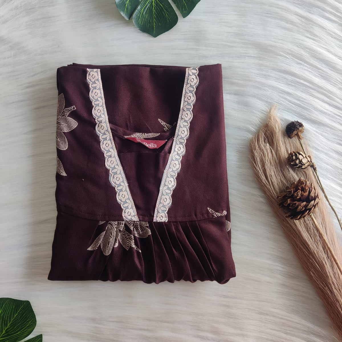 Coffee Brown Floral Printed Alfine V-Neck Lace Pleated Nighty | No Zip | Free Size | Chest Width 44″| Length 56″