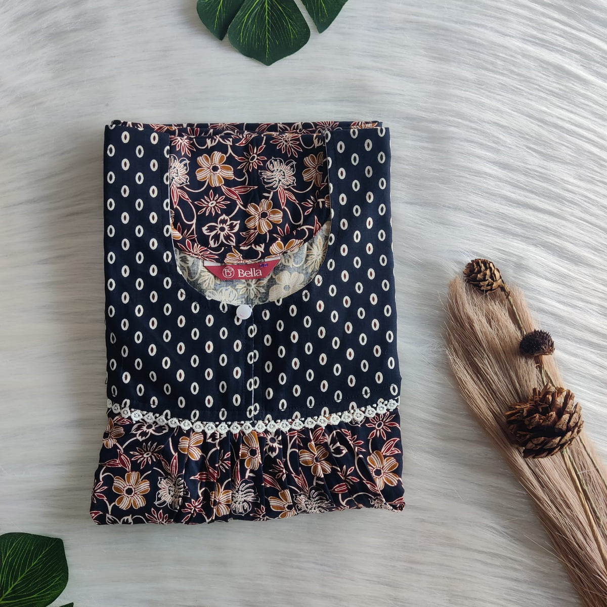 Navy Blue And Cream Floral Printed Premium Cotton Lace Nighty | Free Size | Chest Width 44″| Length 54″-56″