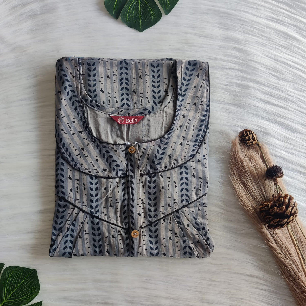 Grey Printed Premium Cotton Long Zip Pleated Nighty | Chest Width 44″ | Length 56″