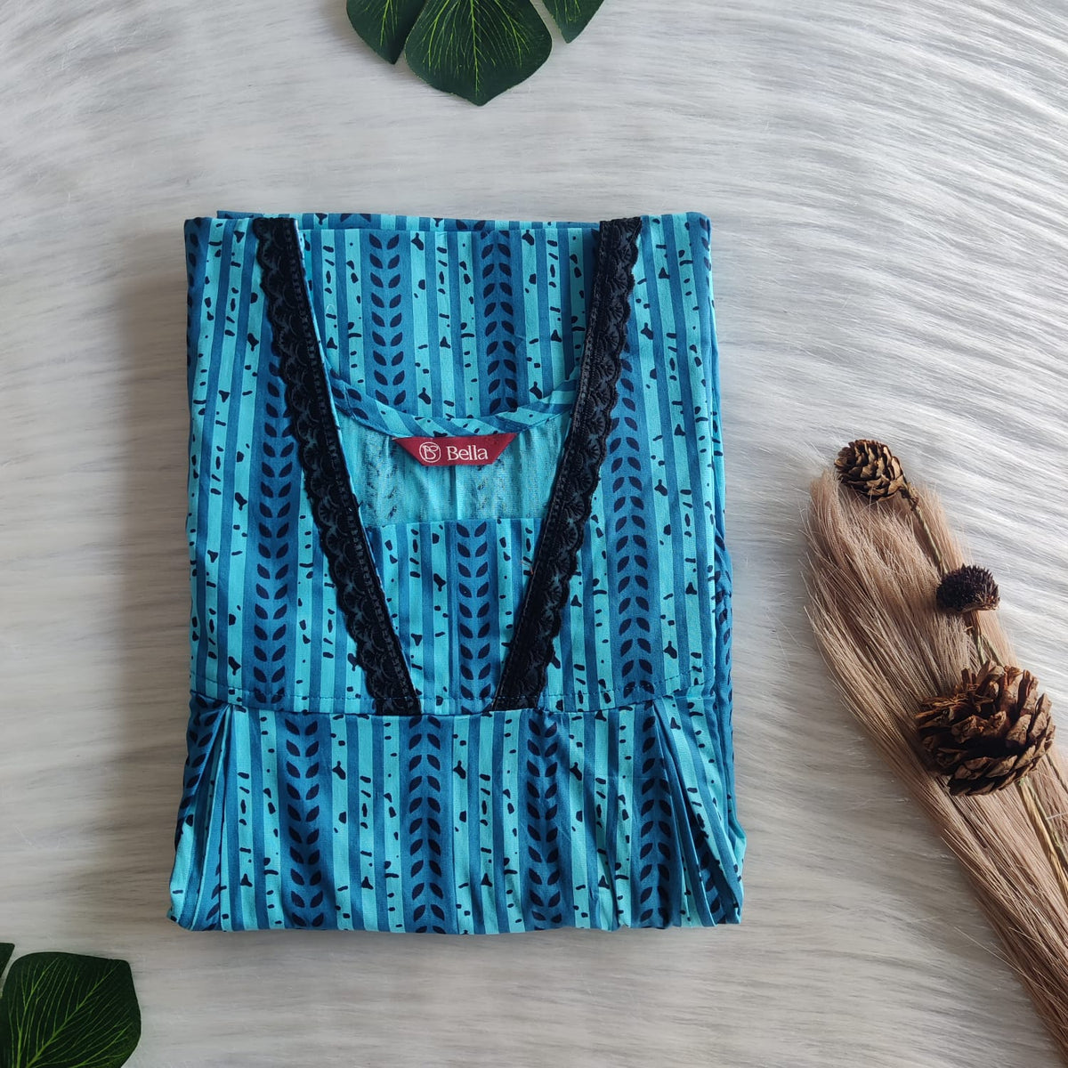 Blue Printed Premium Cotton Two Side Vertical Lace Zip Feeding Nighty | Free Size | Chest Width 44″| Length 56″