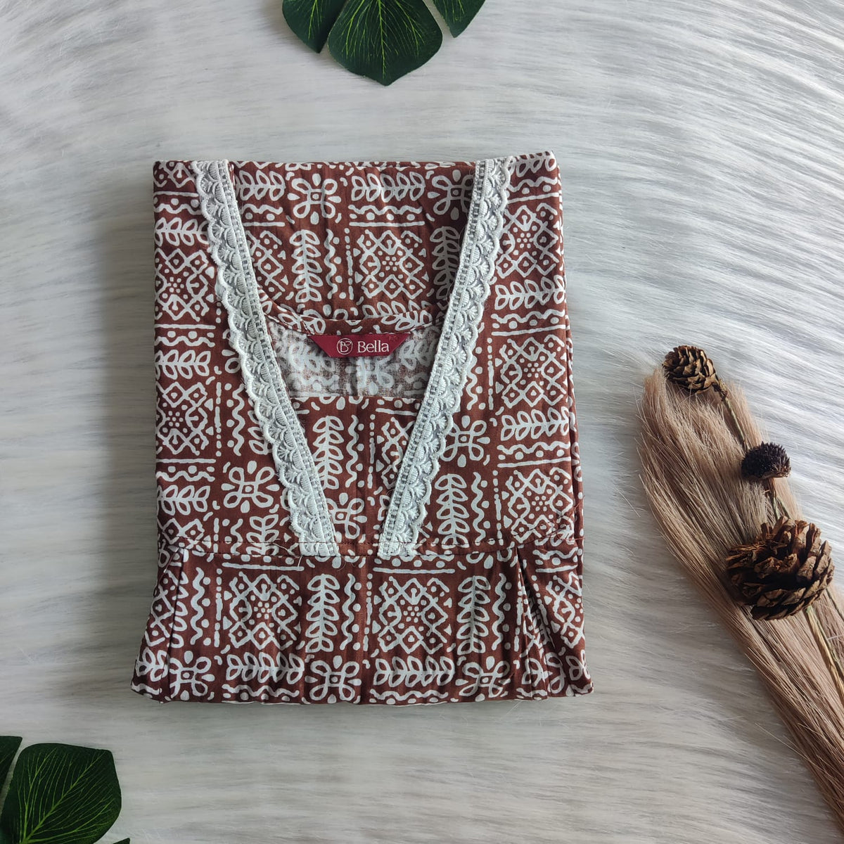 White Printed Brown Premium Cotton Two Side Vertical Lace Zip Feeding Nighty | Free Size | Chest Width 44″| Length 56″