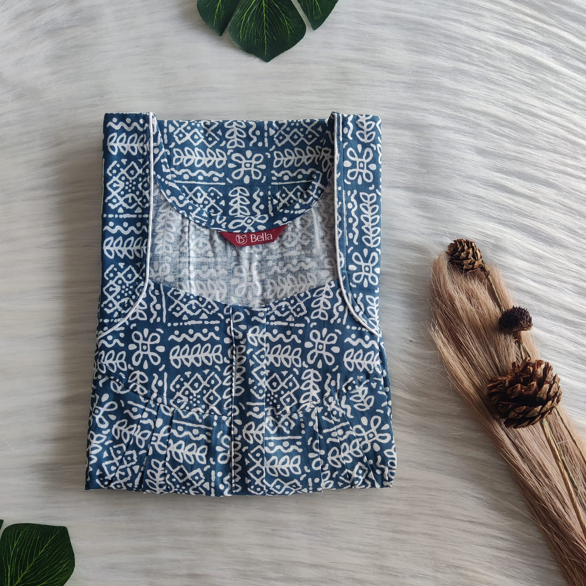 White Printed Blue Premium Cotton Pleated Zip Nighty | Free Size | Chest Width 44″| Length 54″-55″