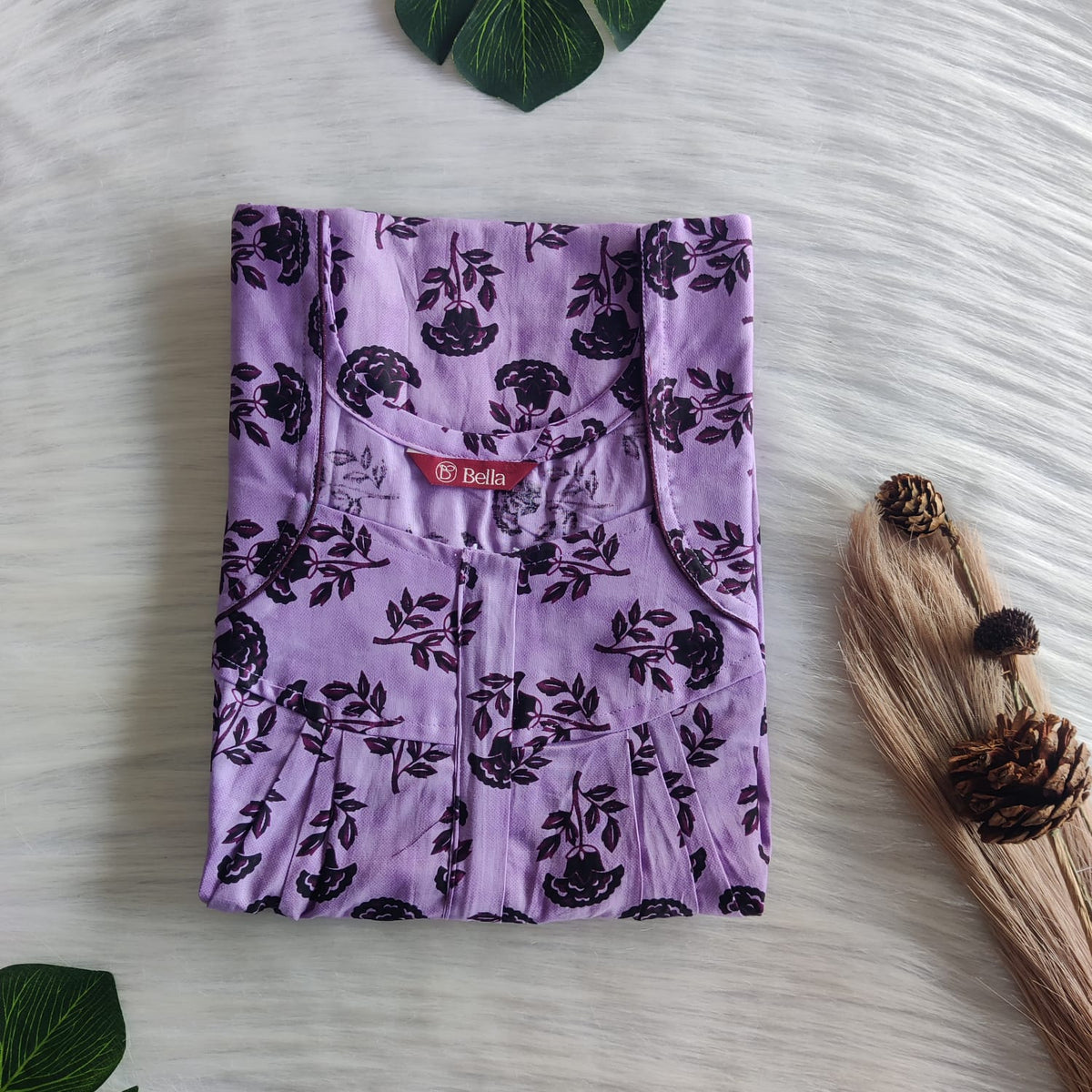 Violet Floral Printed Premium Cotton Pleated Zip Nighty | Free Size | Chest Width 44″| Length 54″-55″