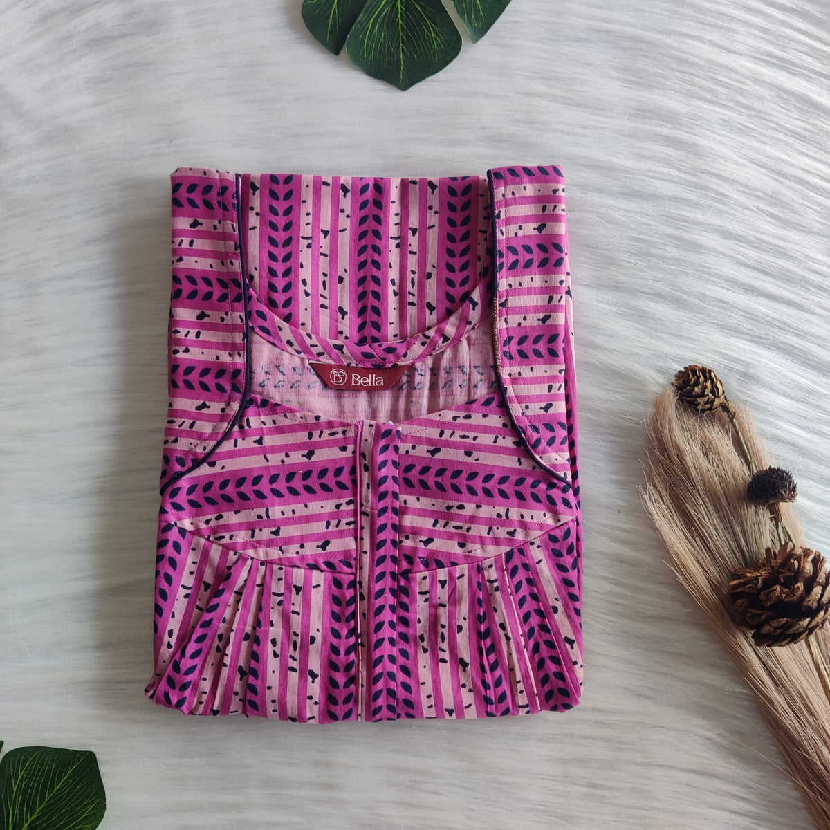 Pink Printed Premium Cotton Pleated Zip Nighty | Free Size | Chest Width 44″| Length 54″-55″