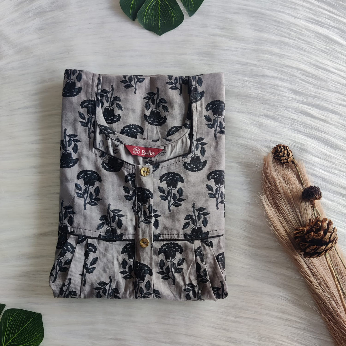 Grey Floral Printed Premium Cotton Button Zip Nighty | Free Size | Chest Width 44″| Length 55″-56|