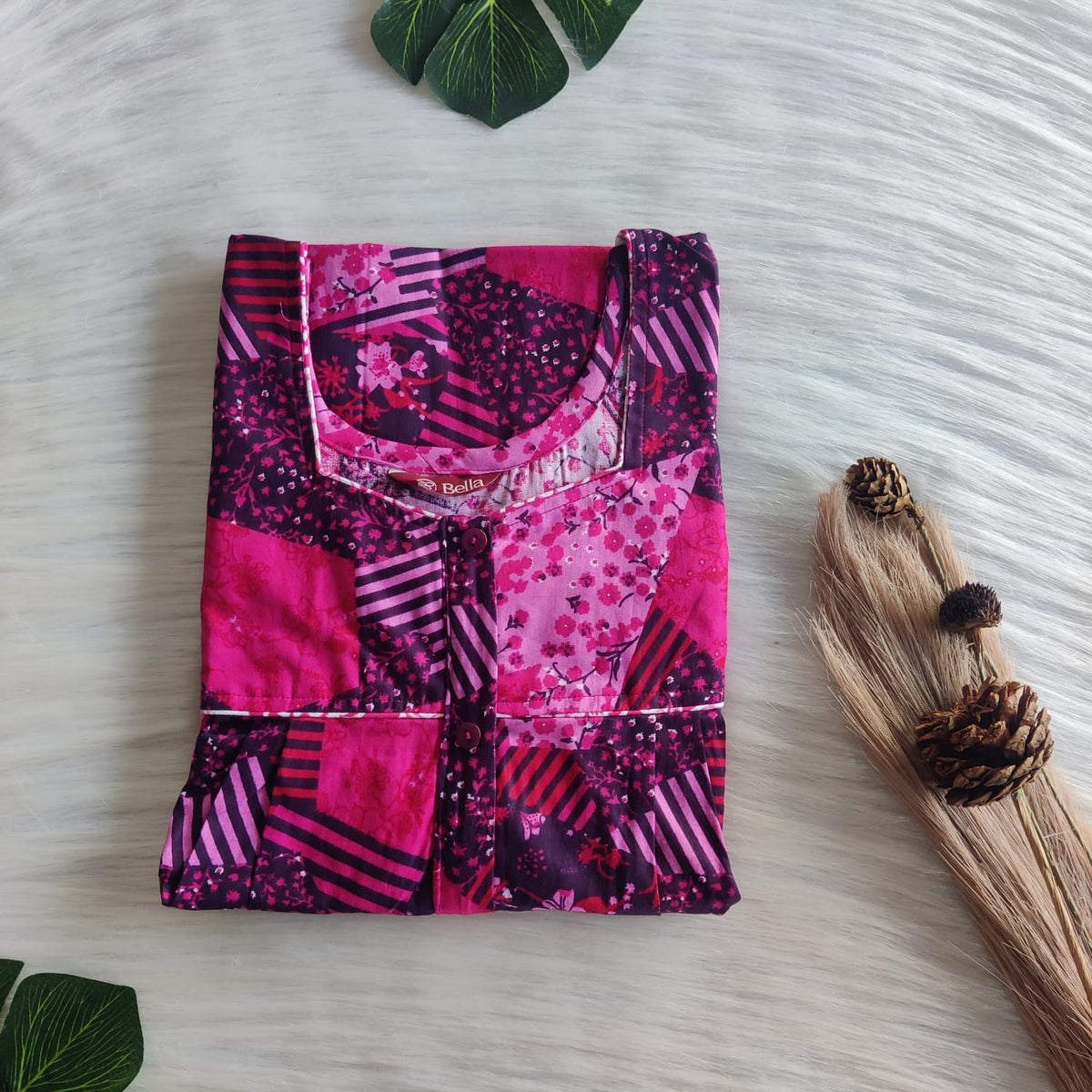 Pink Printed Premium Cotton Button Zip Nighty | Free Size | Chest Width 44″| Length 55″-56|