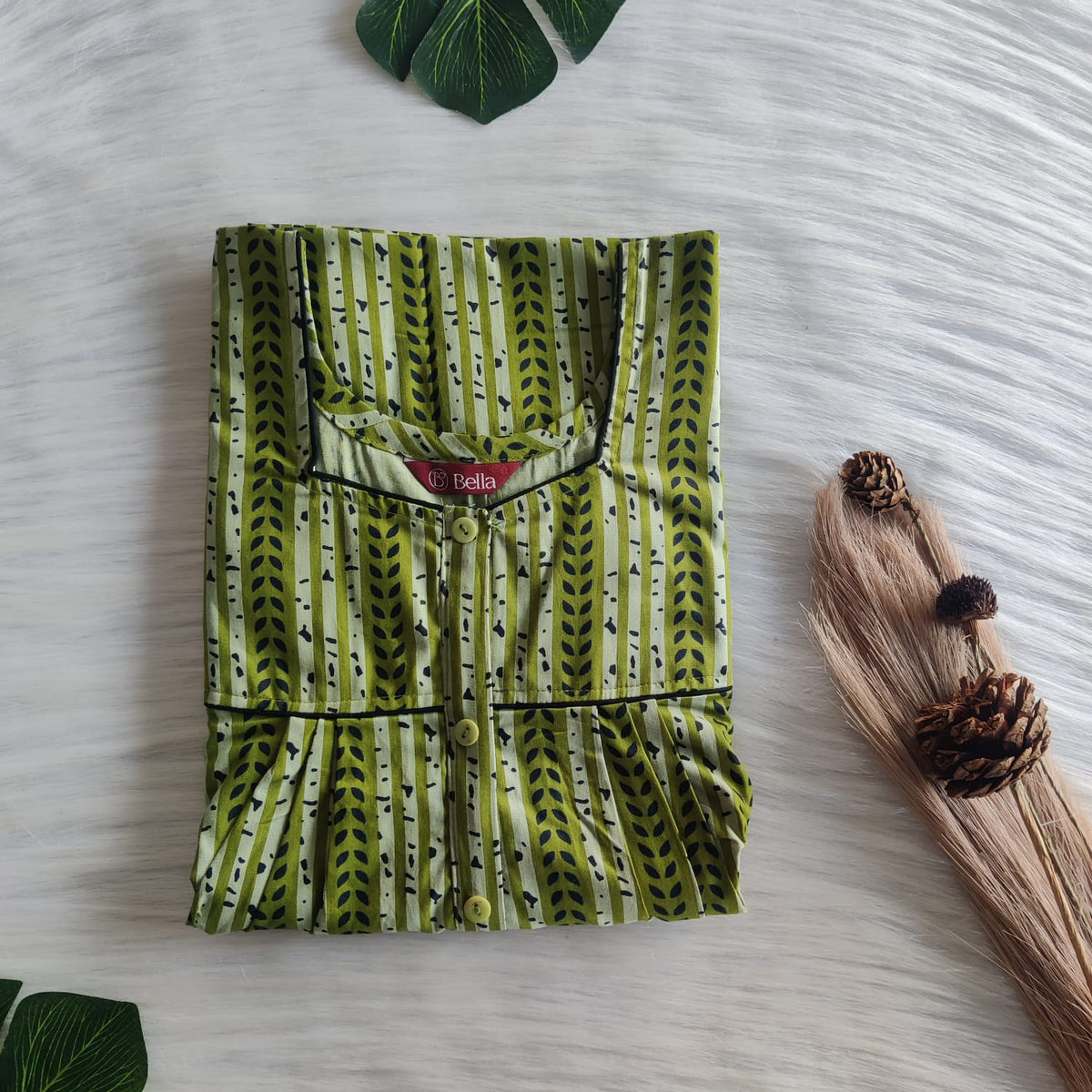 Green Printed Premium Cotton Button Zip Nighty | Free Size | Chest Width 44″| Length 55″-56|