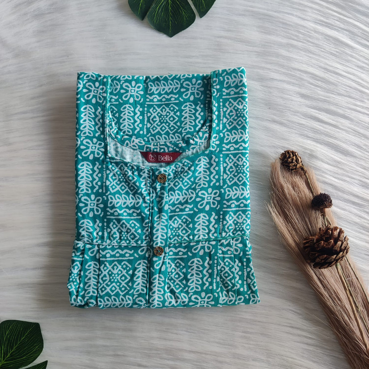Blue Printed Premium Cotton Button Zip Nighty | Free Size | Chest Width 44″| Length 55″-56|