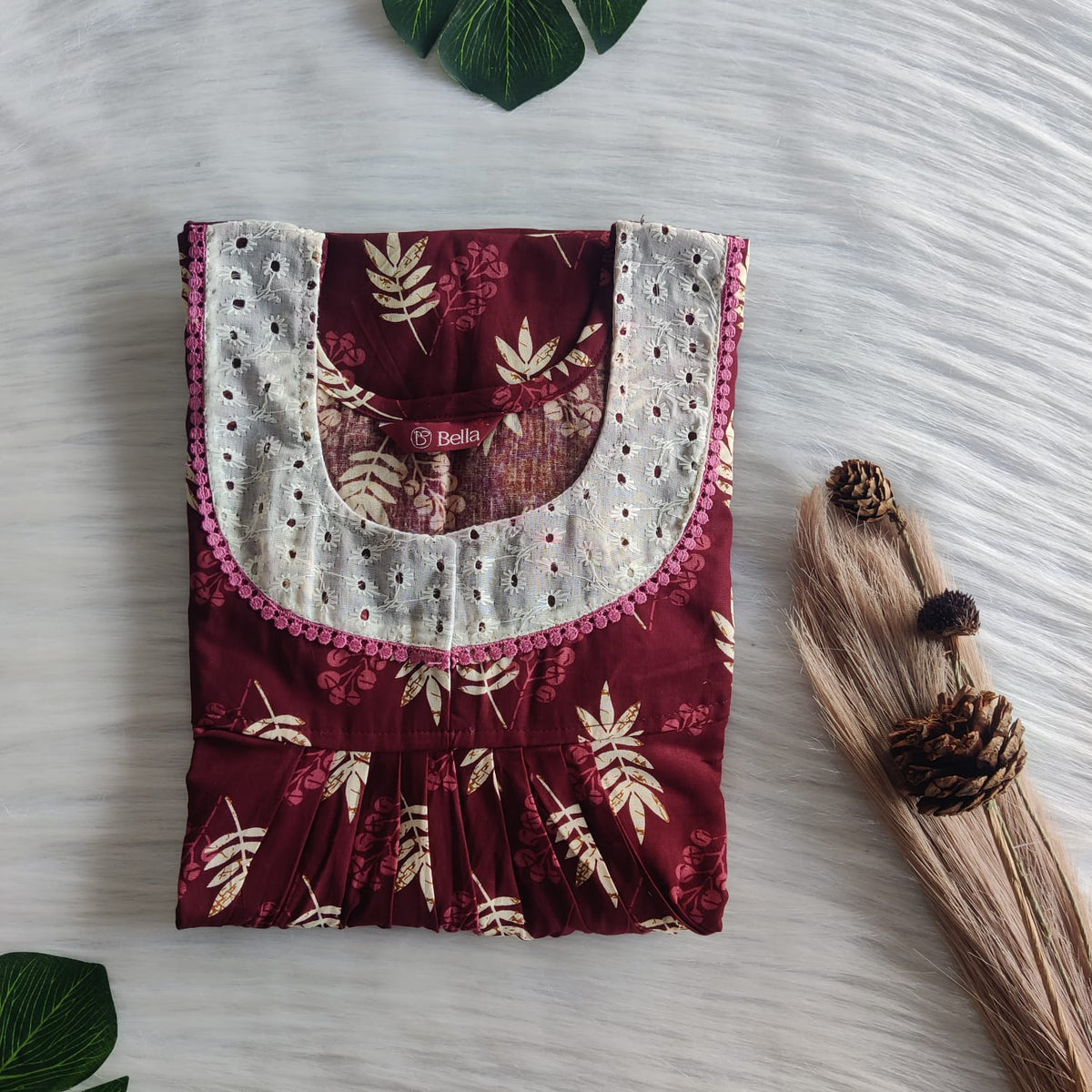 Cream Leaf Printed Maroon Gujari Cotton Hakoba Lace Nighty | Free Size | Chest Width 44″| Length 54″-56″