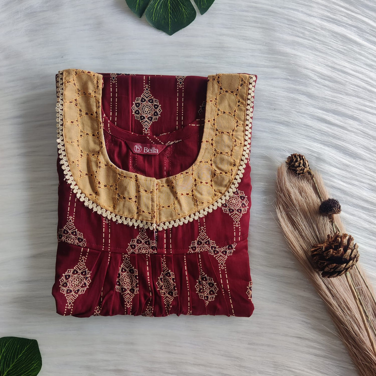 Cream And Black Printed Maroon Gujari Cotton Hakoba Lace Nighty | Free Size | Chest Width 44″| Length 54″-56″