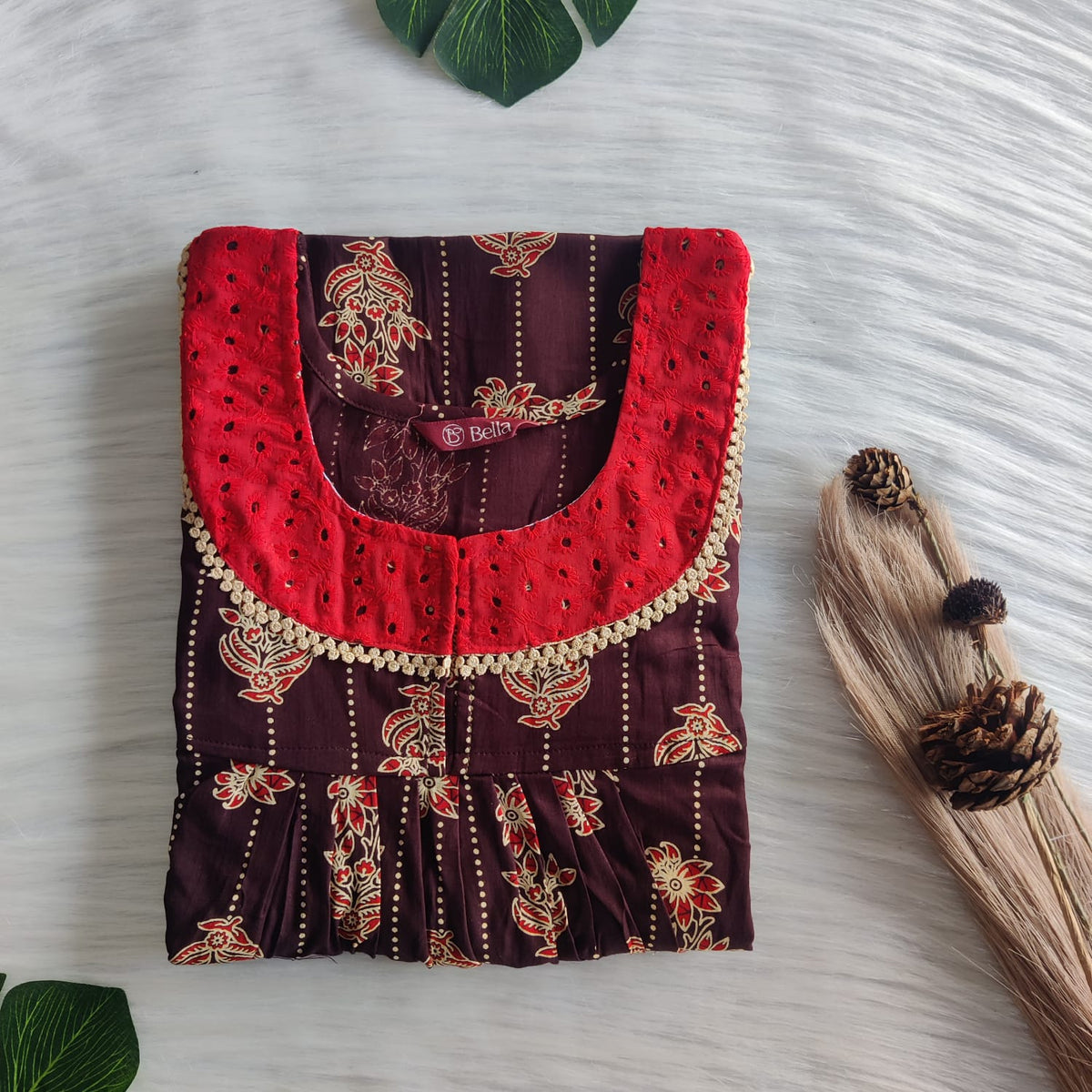 Red Floral Printed Coffee Brown Gujari Cotton Hakoba Lace Nighty | Free Size | Chest Width 44″| Length 54″-56″