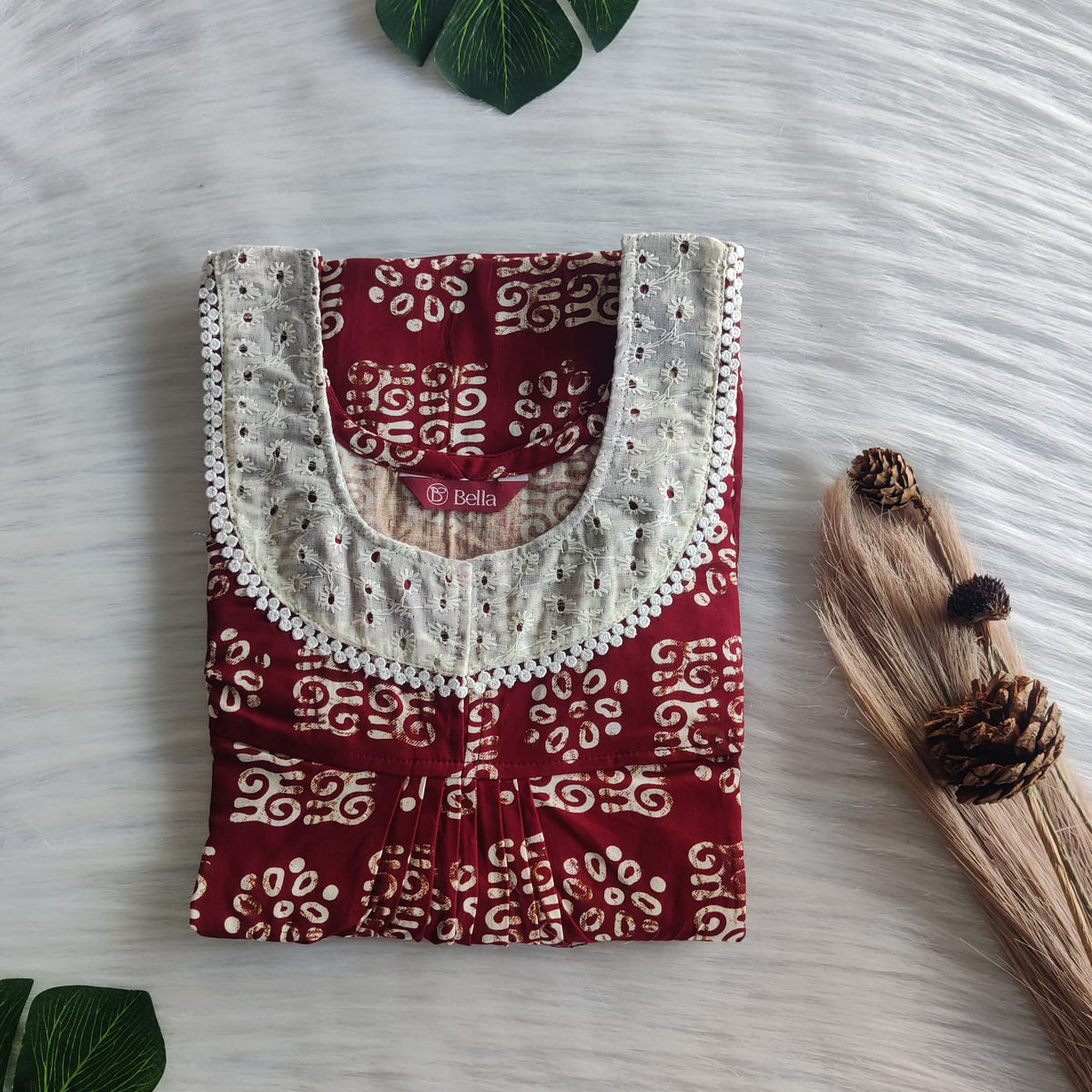 Cream Printed Maroon Gujari Cotton Hakoba Lace Nighty | Free Size | Chest Width 44″| Length 54″-56″