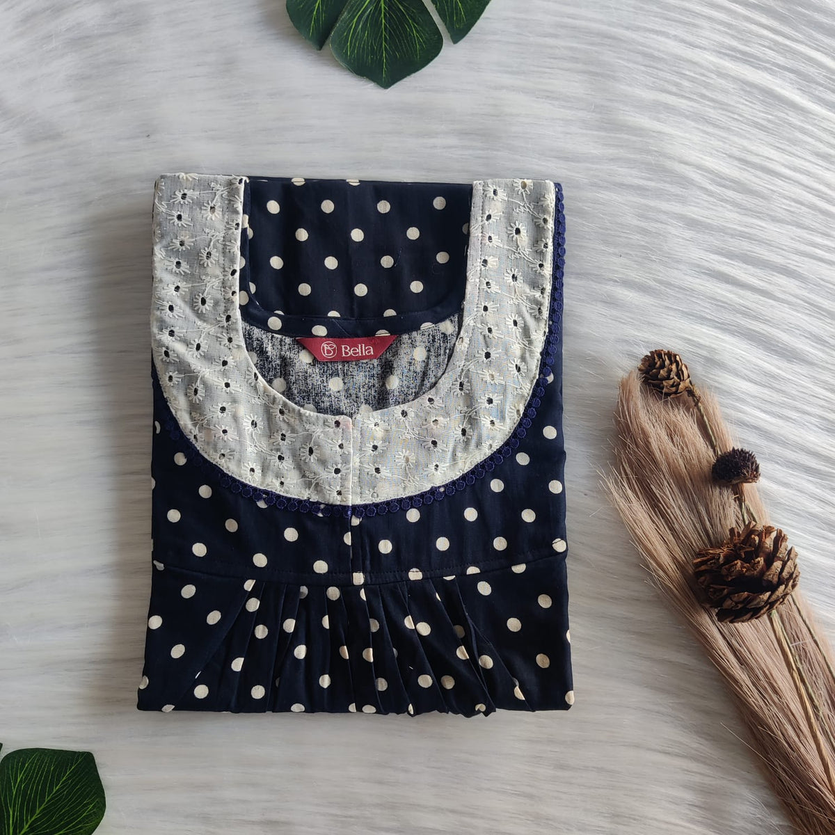 Navy Blue Dot Printed Navy Blue Gujari Cotton Hakoba Lace Nighty | Free Size | Chest Width 44″| Length 54″-56″