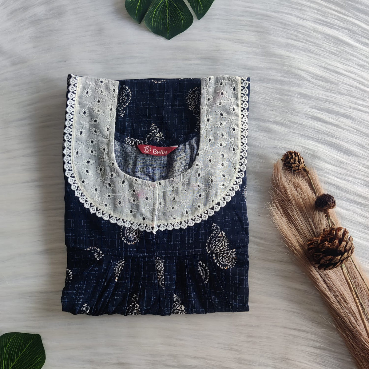 Cream Kalamkari Printed Navy Blue Gujari Cotton Hakoba Lace Nighty | Free Size | Chest Width 44″| Length 54″-56″