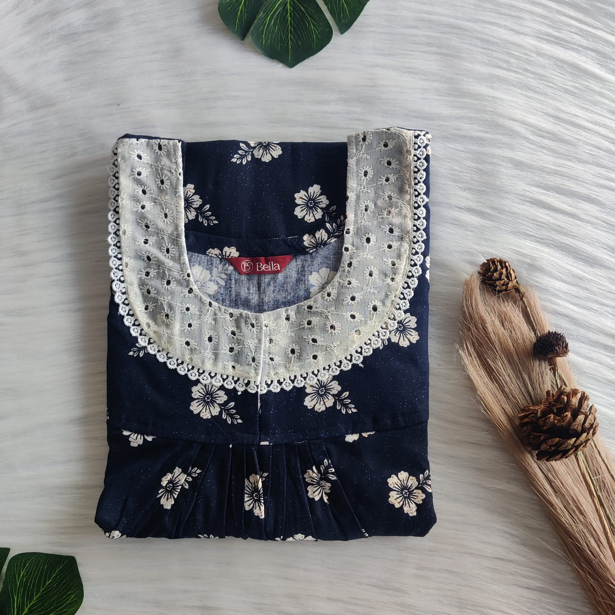 Cream Floral Printed Navy Blue Gujari Cotton Hakoba Lace Nighty | Free Size | Chest Width 44″| Length 54″-56″