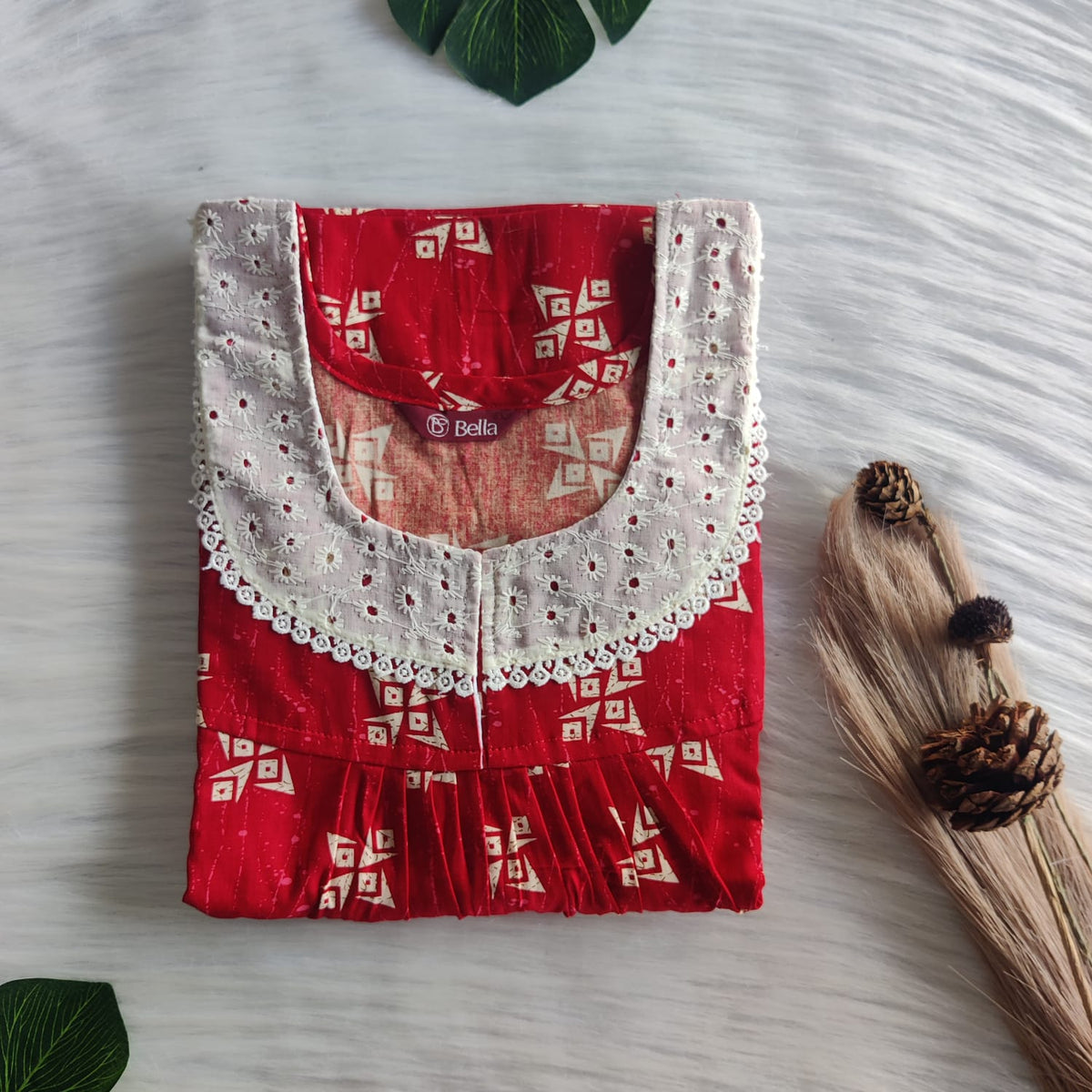 Cream Printed Red Gujari Cotton Hakoba Lace Nighty | Free Size | Chest Width 44″| Length 54″-56″