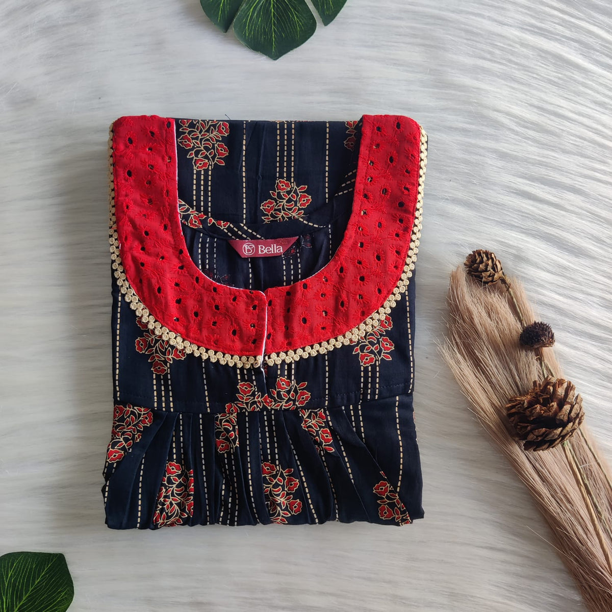 Red Floral Printed Navy Blue Gujari Cotton Hakoba Lace Nighty | Free Size | Chest Width 44″| Length 54″-56″