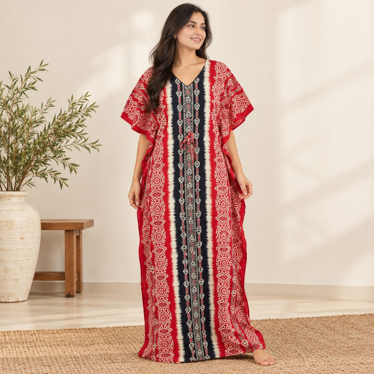 Black And Red Printed Premium Cotton Feeding Kaftan | Free Size | Chest Width 44″| Length 56″