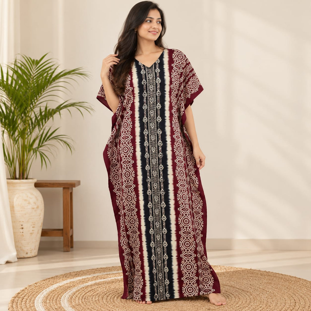 Black And Maroon Printed Premium Cotton Feeding Kaftan | Free Size | Chest Width 44″| Length 56″