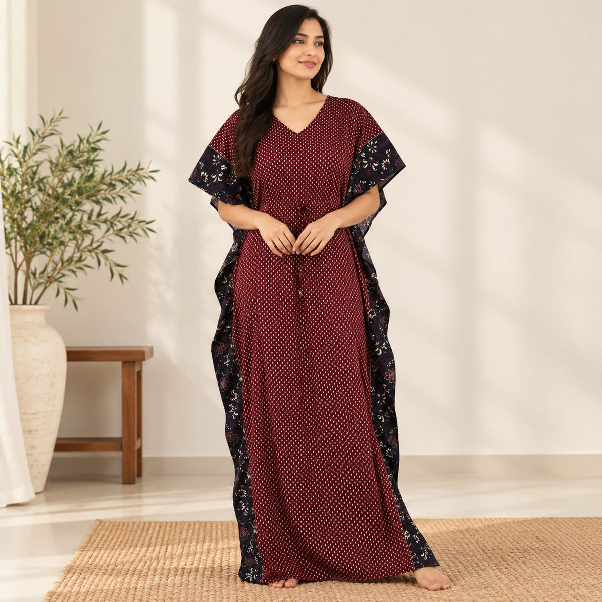 Maroon Dot Printed Premium Cotton Feeding Kaftan | Free Size | Chest Width 44″| Length 56″