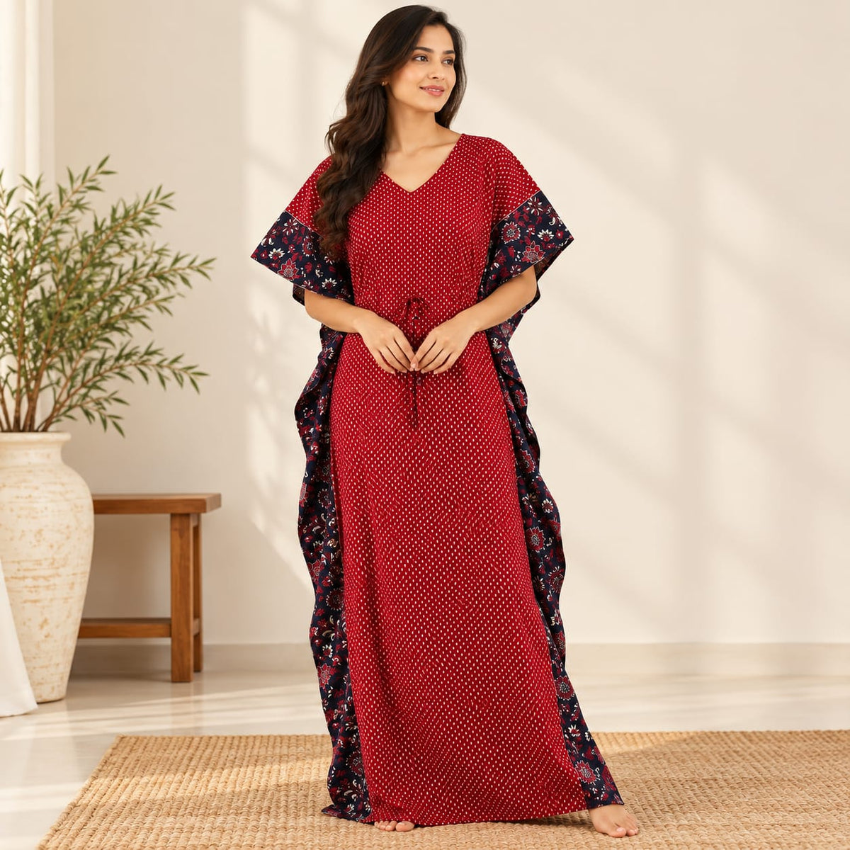 Red Dot Printed Premium Cotton Feeding Kaftan | Free Size | Chest Width 44″| Length 56″