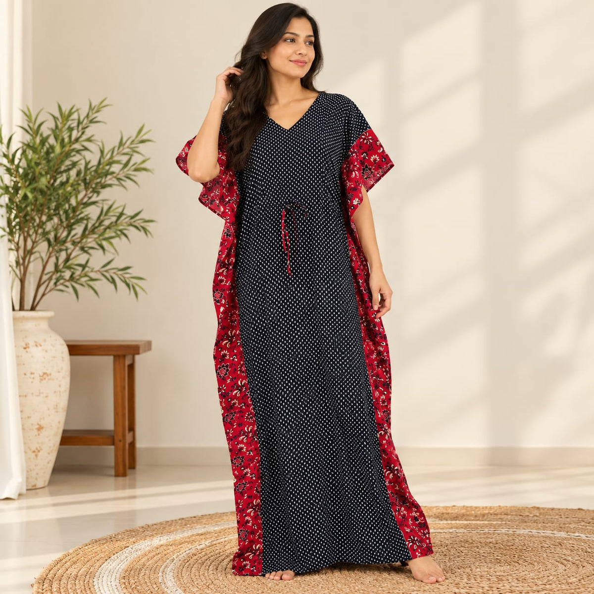 Black Dot Printed Premium Cotton Feeding Kaftan | Free Size | Chest Width 44″| Length 56″