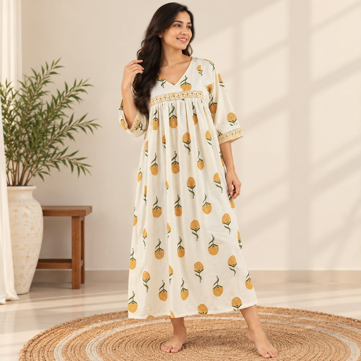 Yellow Floral Printed Ivory Premium Cotton V- Neck Anarkali Feeding Kurti | Free Size