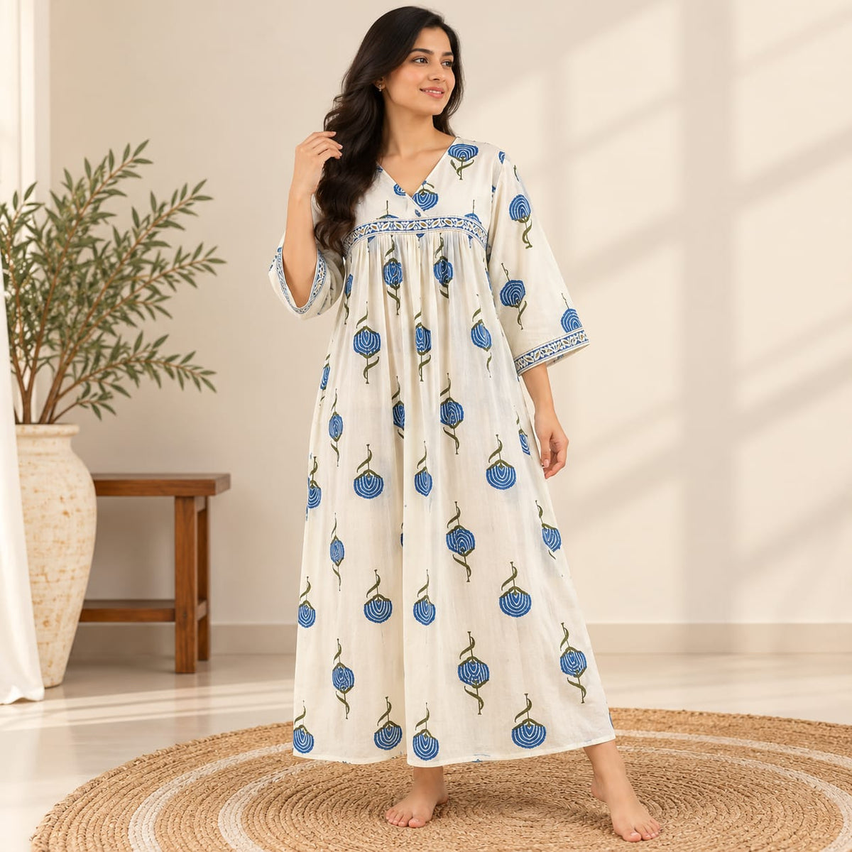 Blue Floral Printed Ivory Premium Cotton V- Neck Anarkali Feeding Kurti | Free Size