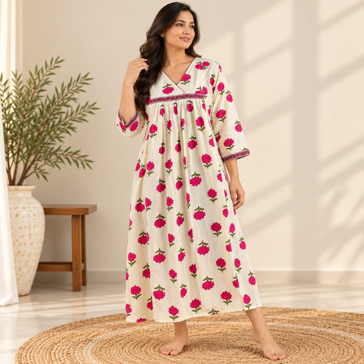 Pink Floral Printed Ivory Premium Cotton V- Neck Anarkali Feeding Kurti | Free Size