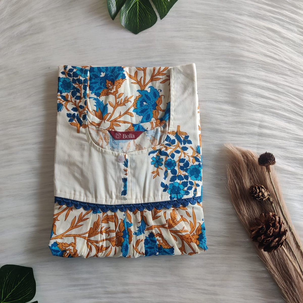 Ivory And Blue Floral Printed Premium Cotton Lace Nighty | Free Size | Chest Width 44″| Length 54″-56″