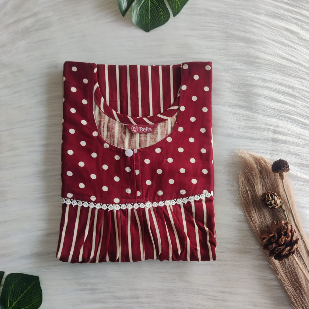 Maroon And Cream Stripes Printed Premium Cotton Lace Nighty | Free Size | Chest Width 44″| Length 54″-56″
