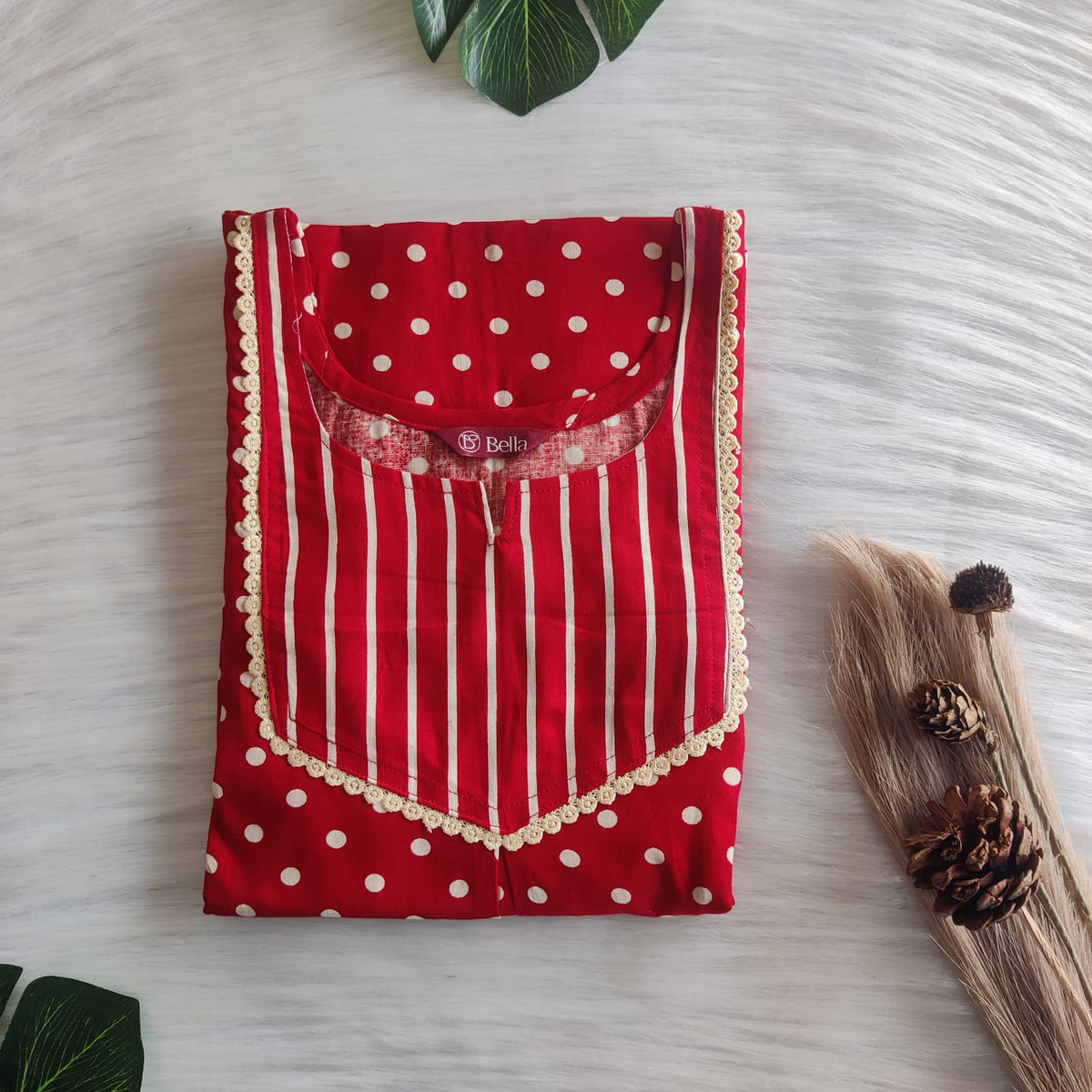 Cream Red Dot Printed Premium Cotton Mix N Match Lace Pocket Nighty | Free Size | Chest Width 44″| Length 56″