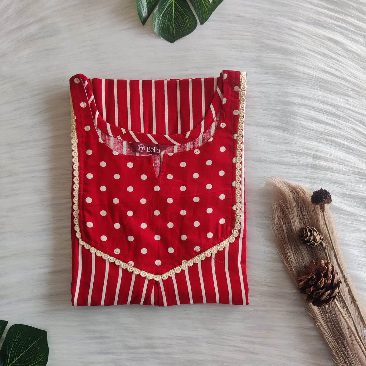 Red And Cream Stripes Printed Premium Cotton Mix N Match Lace Pocket Nighty | Free Size | Chest Width 44″| Length 56″