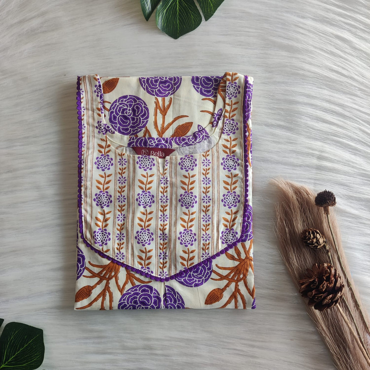 Ivory And Purple Floral Printed Premium Cotton Mix N Match Lace Pocket Nighty | Free Size | Chest Width 44″| Length 56″