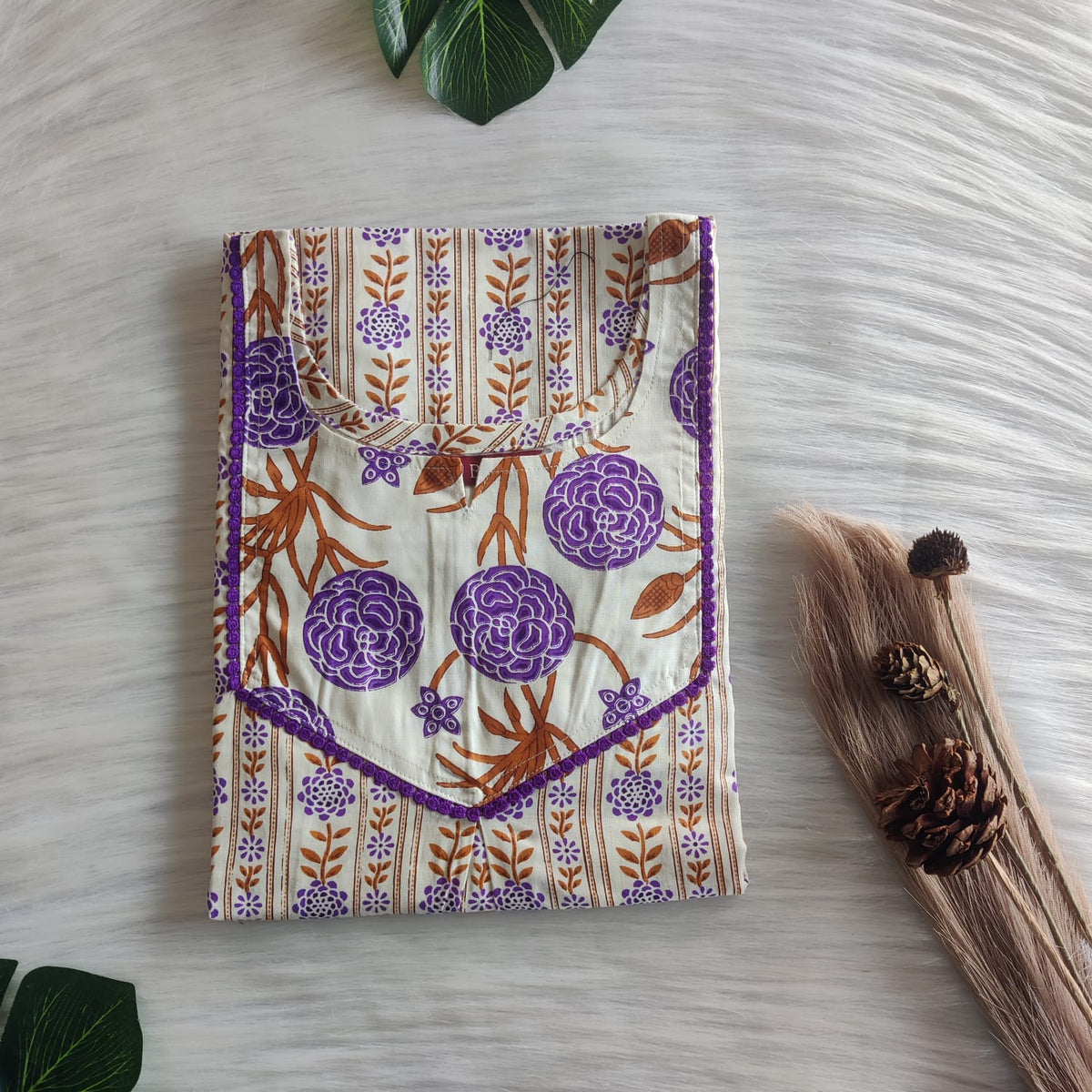 Purple And Ivory Printed Premium Cotton Mix N Match Lace Pocket Nighty | Free Size | Chest Width 44″| Length 56″
