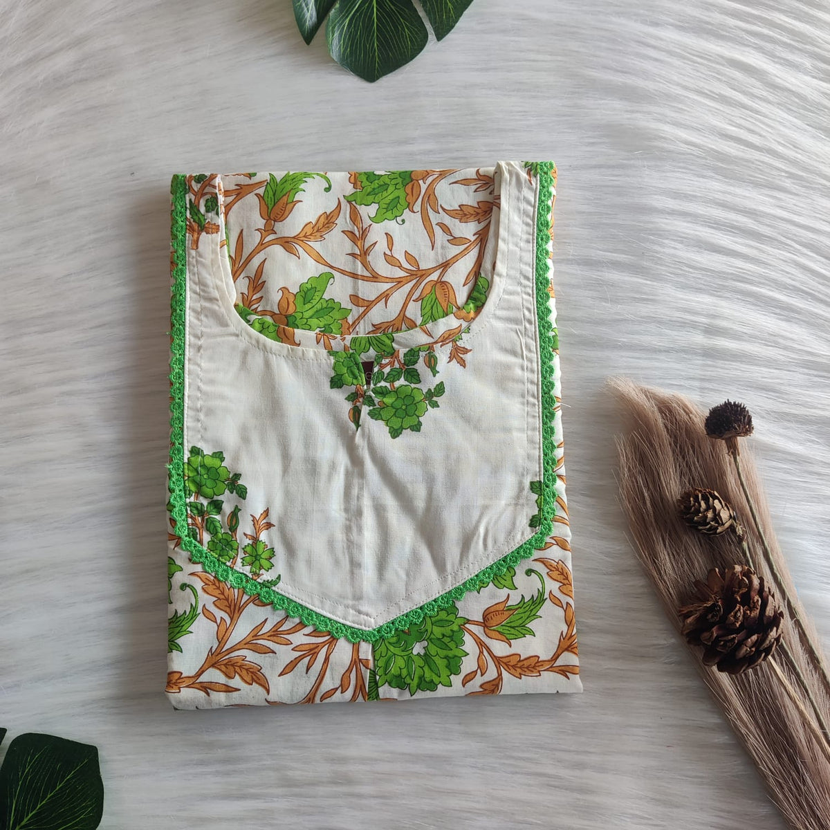 Ivory And Green Floral Printed Premium Cotton Mix N Match Lace Pocket Nighty | Free Size | Chest Width 44″| Length 56″