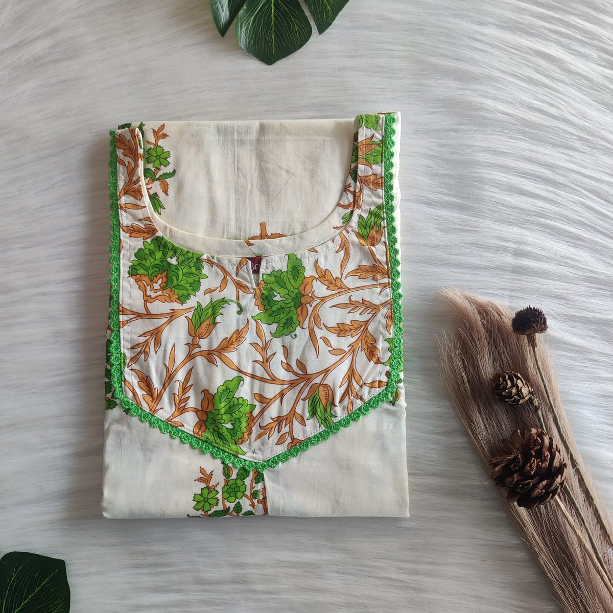 Green And Ivory Printed Premium Cotton Mix N Match Lace Pocket Nighty | Free Size | Chest Width 44″| Length 56″