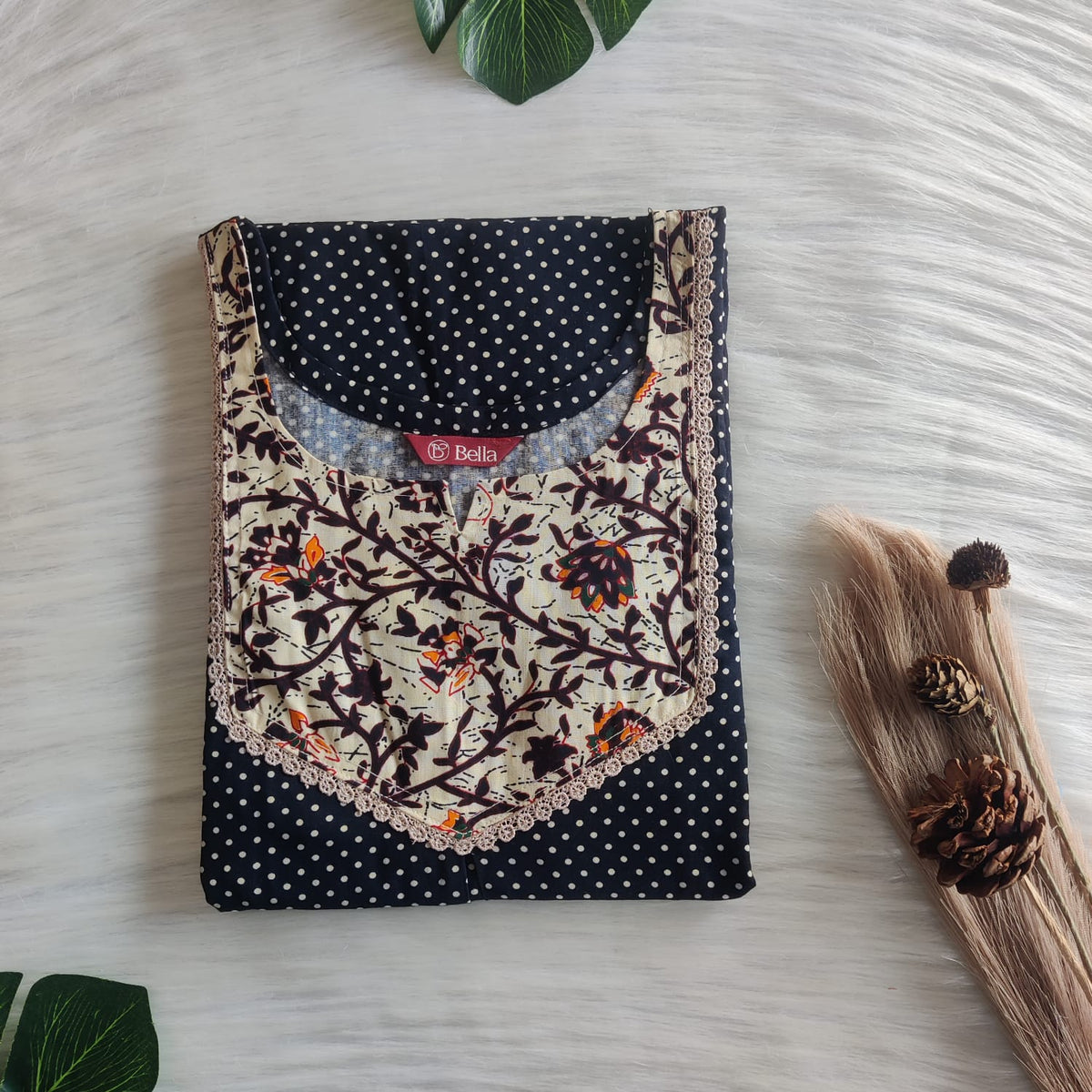 Cream And Navy Blue Dot Printed Premium Cotton Mix N Match Lace Pocket Nighty | Free Size | Chest Width 44″| Length 56″
