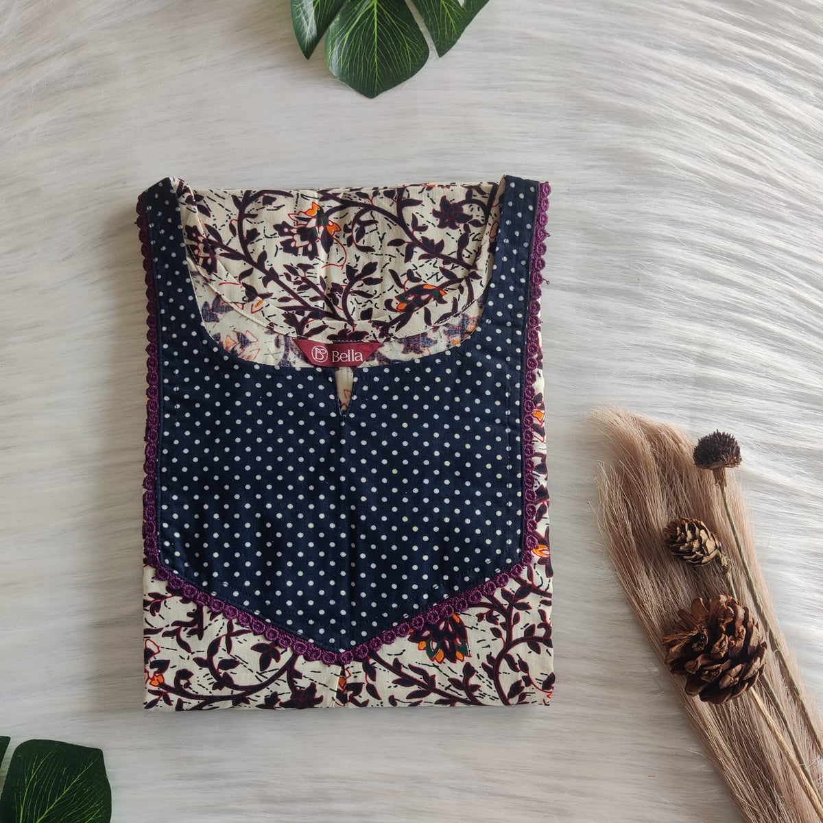Navy Blue And Cream Printed Premium Cotton Mix N Match Lace Pocket Nighty | Free Size | Chest Width 44″| Length 56″