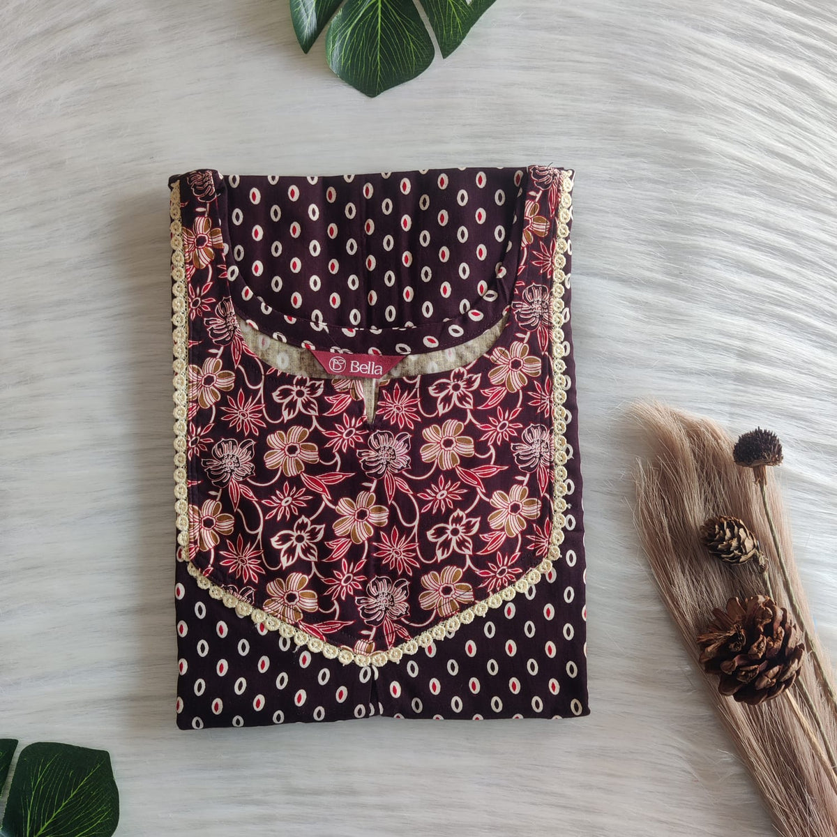 Cream And Coffee Brown Dot Printed Premium Cotton Mix N Match Lace Pocket Nighty | Free Size | Chest Width 44″| Length 56″