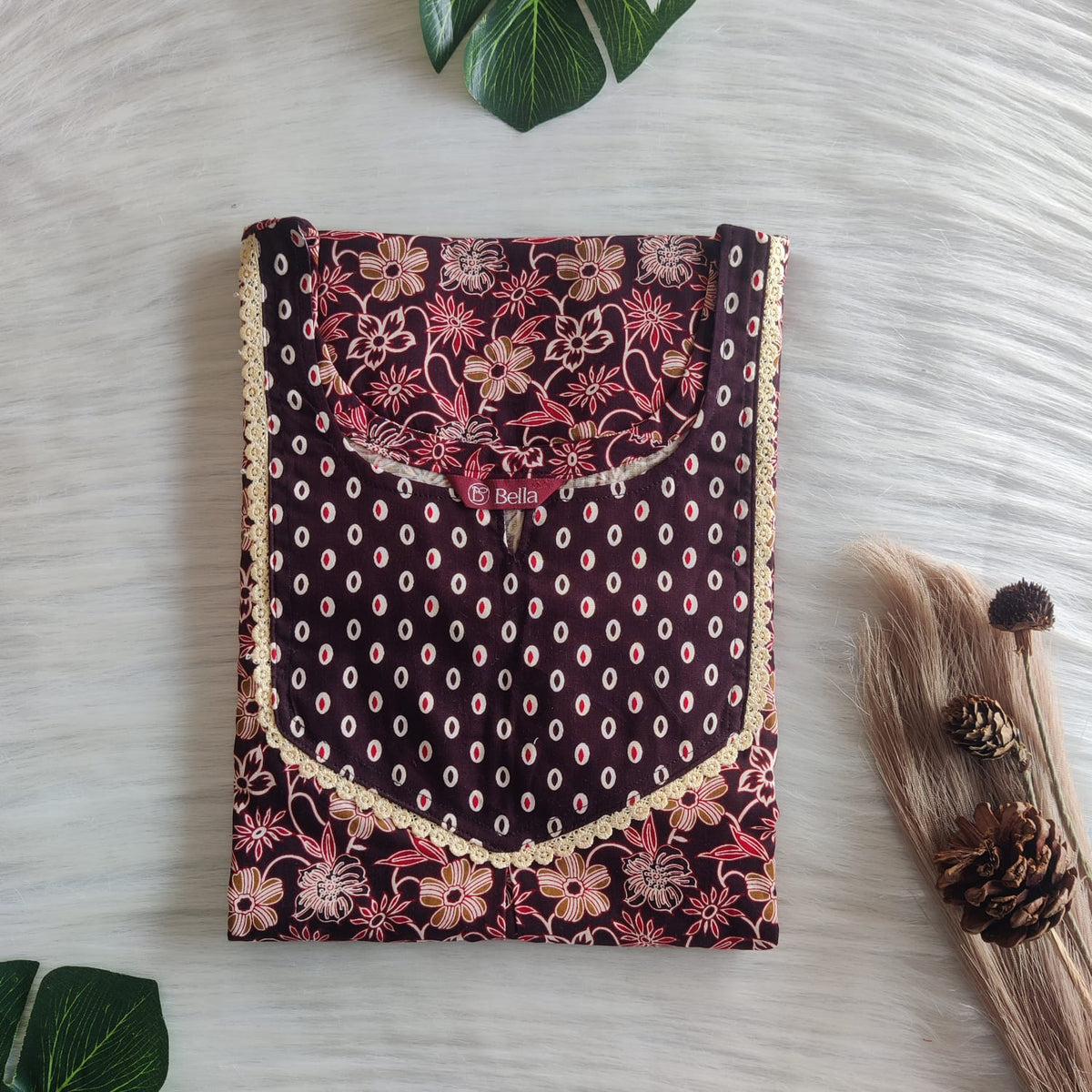 Coffee Brown And Cream Floral Printed Premium Cotton Mix N Match Lace Pocket Nighty | Free Size | Chest Width 44″| Length 56″
