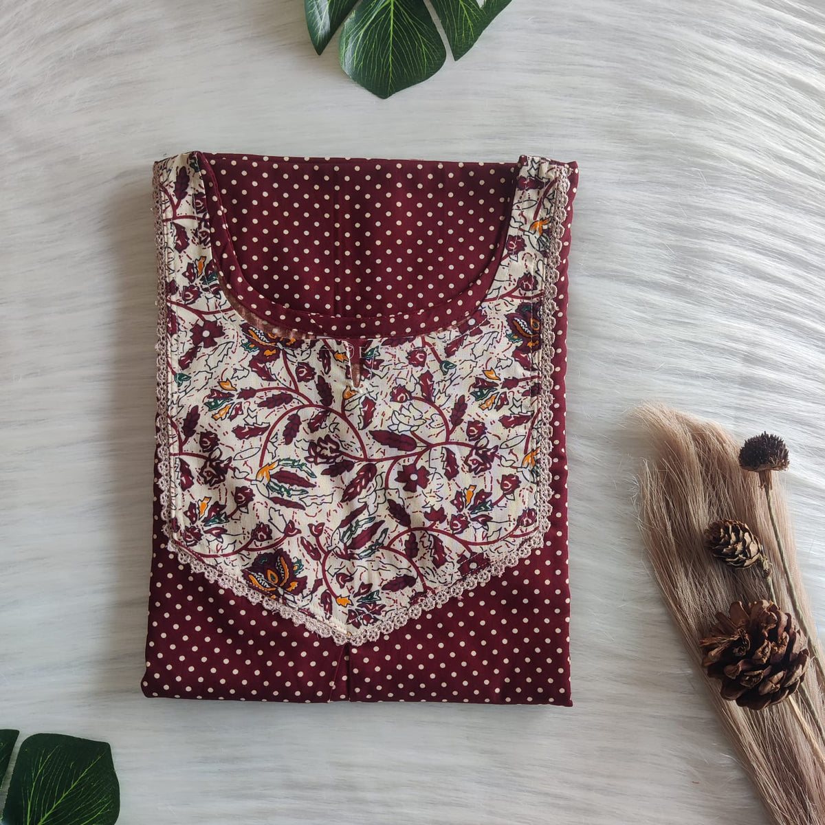 Cream And Maroon Dot Printed Premium Cotton Mix N Match Lace Pocket Nighty | Free Size | Chest Width 44″| Length 56″